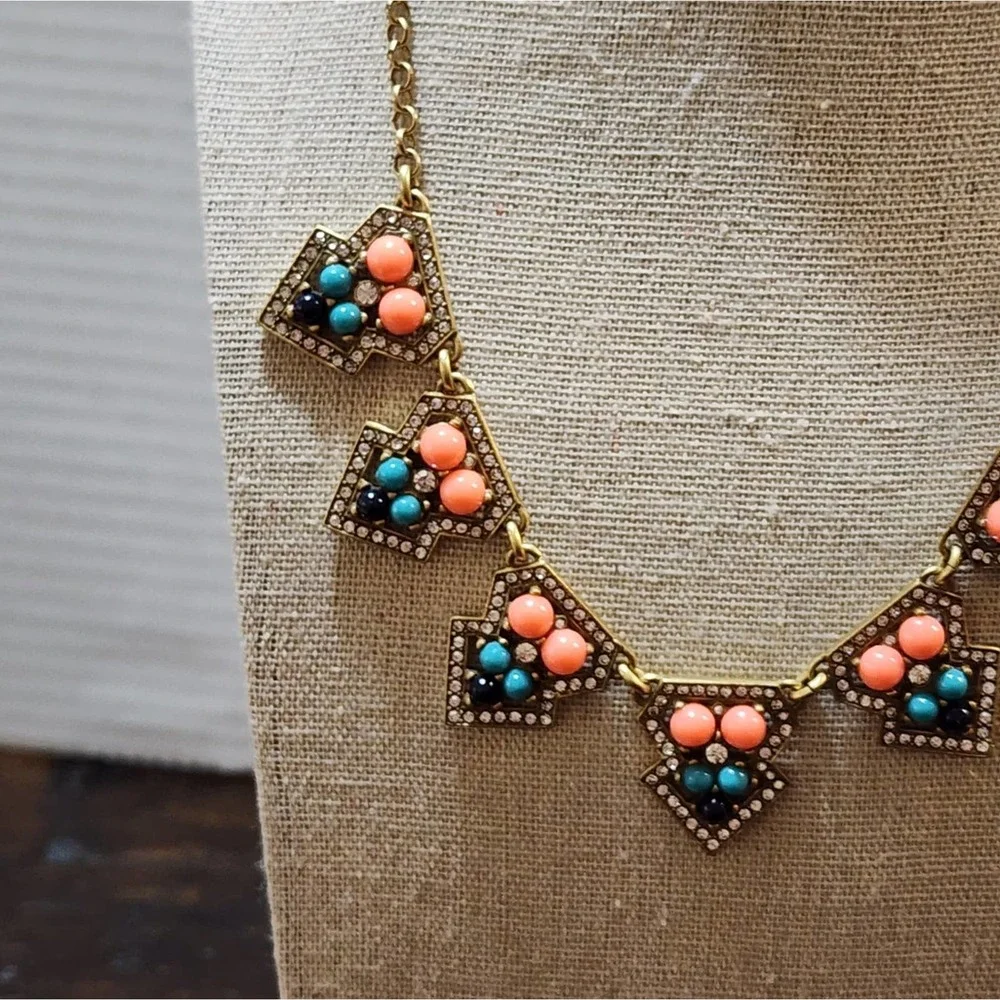 J. Crew gold peach and teal art‎ deco vintage vibes necklace